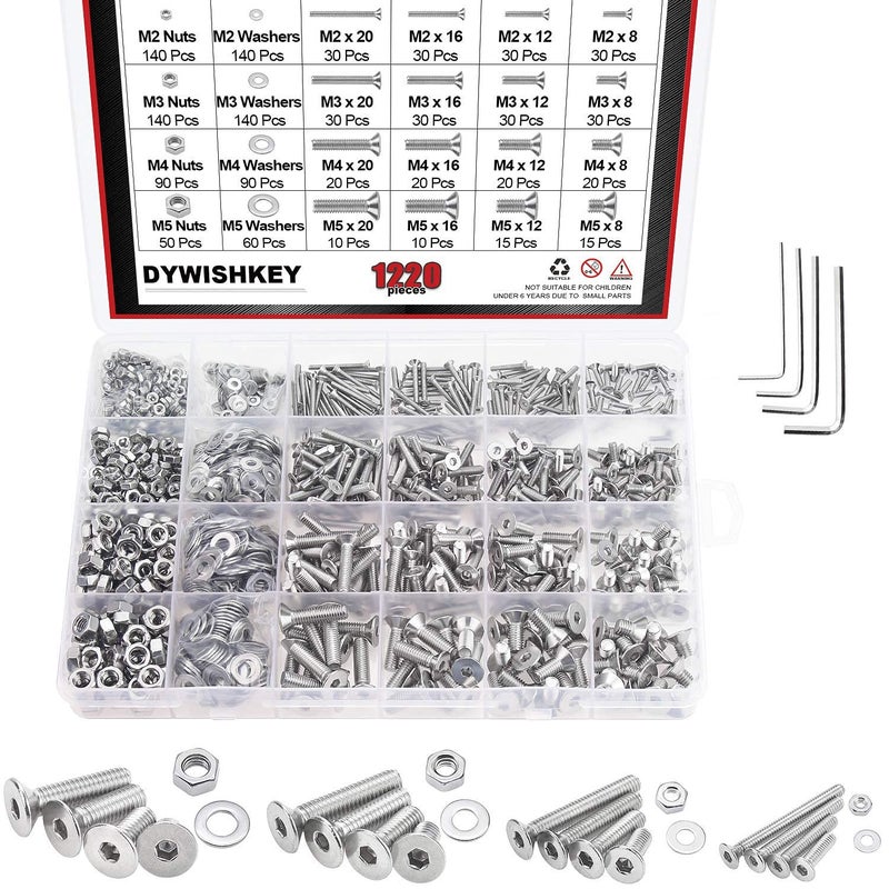 DYWISHKEY 1220 PCS M2 M3 M4 M5, 304 Stainless Steel Hex Flat Head Cap Bolts Screws Nuts Washers Assortment Kit with Hex Wrenches - Image 1